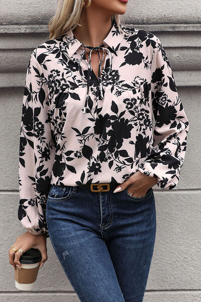 Blue Zone Planet | Printed Tie Neck Balloon Sleeve Blouse BLUE ZONE PLANET