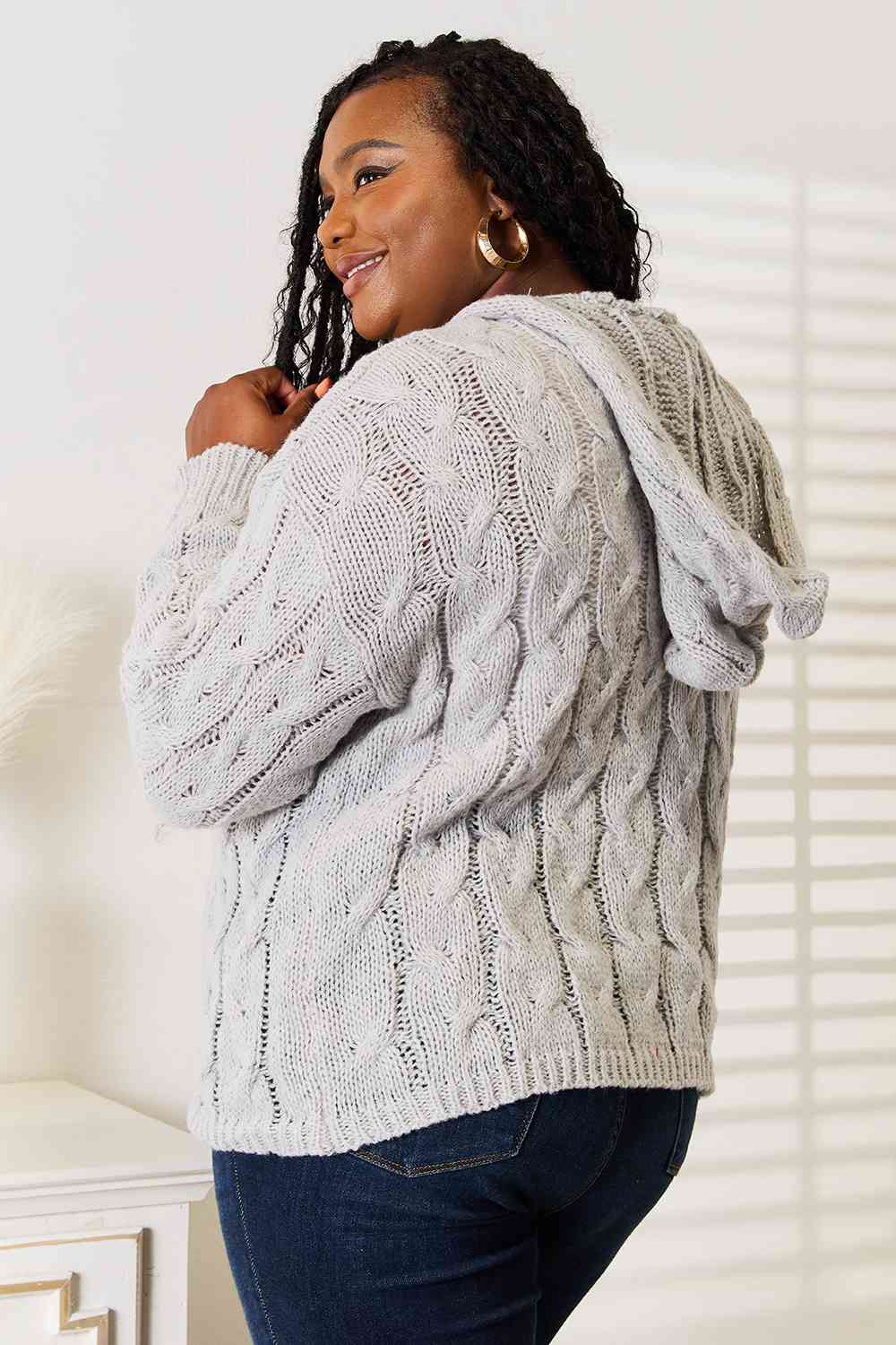 Woven Right Cable-Knit Hooded Sweater BLUE ZONE PLANET