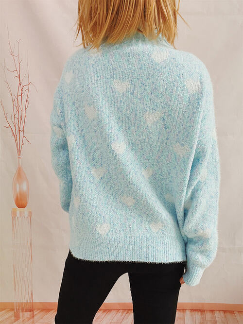Blue Zone Planet | Heart Heathered Turtleneck Drop Shoulder Sweater BLUE ZONE PLANET