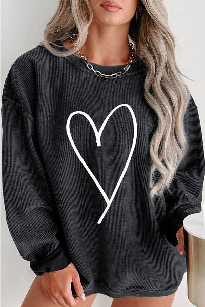 Blue Zone Planet | Plus Size Heart Ribbed Round Neck Sweatshirt BLUE ZONE PLANET