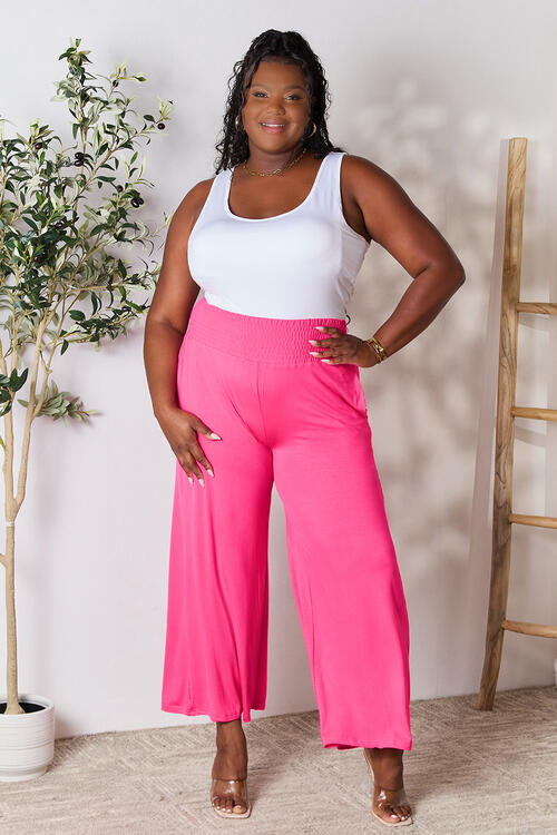 Double Take Full Size Smocked Wide Waistband Wide Leg Pants BLUE ZONE PLANET