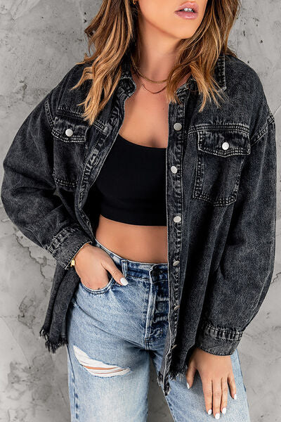 Blue Zone Planet | Button Up Pocketed Raw Hem Denim Jacket BLUE ZONE PLANET