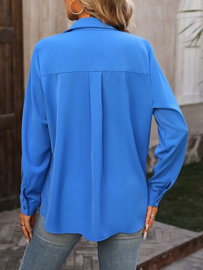 Pocketed Button Up Long Sleeve Shirt Trendsi