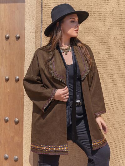 Plus Size Embroidered Open Front Dropped Shoulder Jacket Trendsi