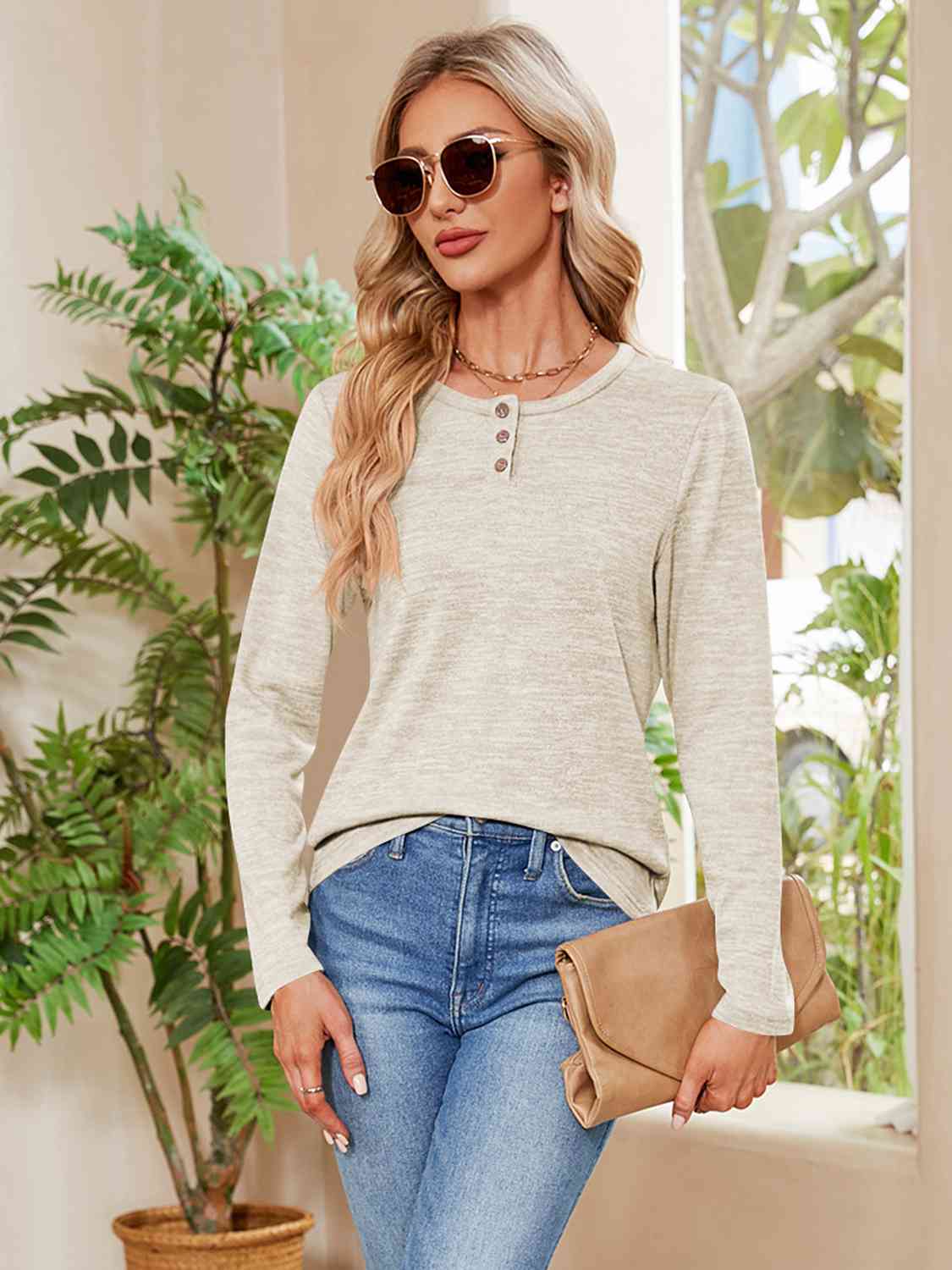 Buttoned Round Neck Long Sleeve T-Shirt BLUE ZONE PLANET