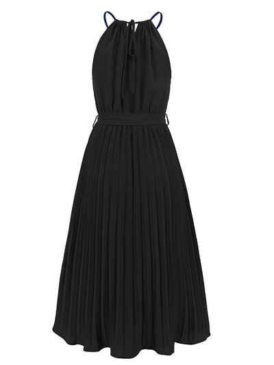 Blue Zone Planet | Pleated Spaghetti Strap Tie Waist Midi Dress BLUE ZONE PLANET