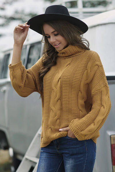 Blue Zone Planet | Cable-Knit Turtleneck Dropped Shoulder Sweater BLUE ZONE PLANET