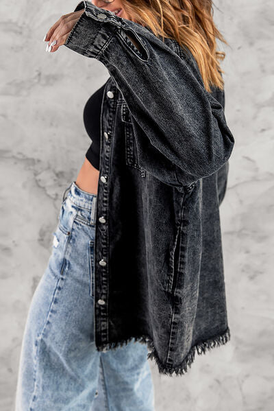 Blue Zone Planet | Button Up Pocketed Raw Hem Denim Jacket BLUE ZONE PLANET