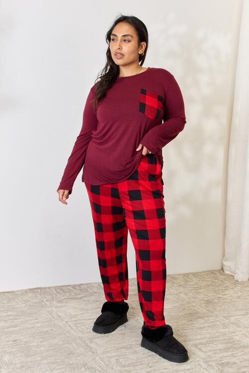 Zenana Full Size Plaid Round Neck Top and Pants Pajama Set BLUE ZONE PLANET
