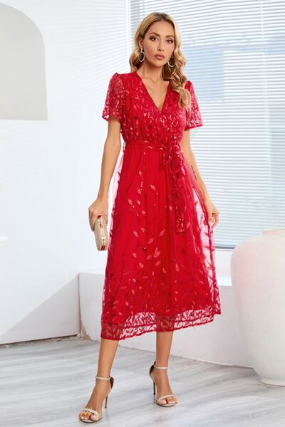Blue Zone Planet |  Sequin Leaf Embroidery Tie Front Short Sleeve Dress BLUE ZONE PLANET