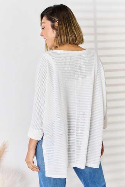Zenana Full Size Waffle Knit V-Neck Long Sleeve Slit Top BLUE ZONE PLANET