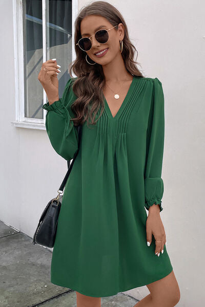 Ruched V-Neck Flounce Sleeve Dress Trendsi