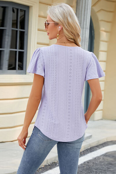 Blue Zone Planet | Eyelet Square Neck Short Sleeve T-Shirt BLUE ZONE PLANET