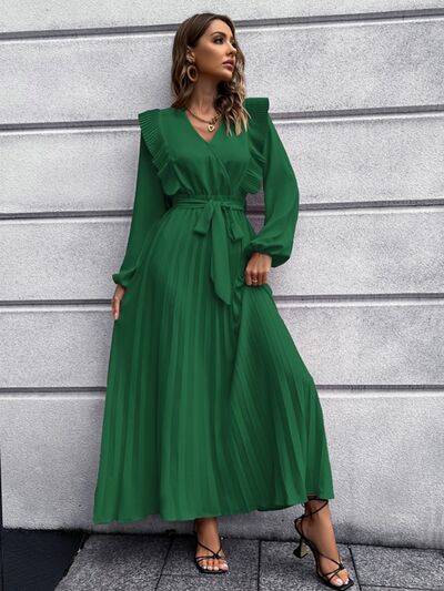 Blue Zone Planet | Pleated Surplice Tie Waist Maxi Dress BLUE ZONE PLANET