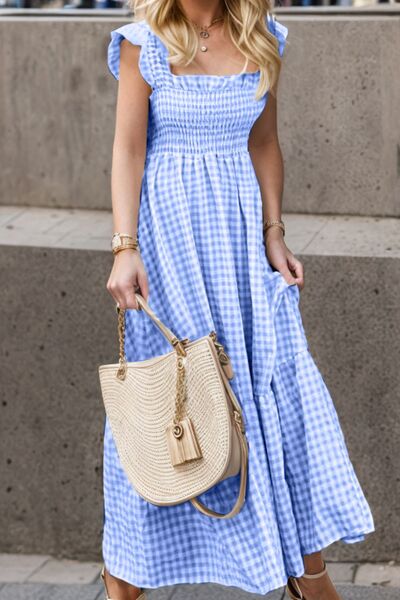 Blue Zone Planet | Full Size Smocked Ruffled Plaid Ruffle Hem Dress BLUE ZONE PLANET