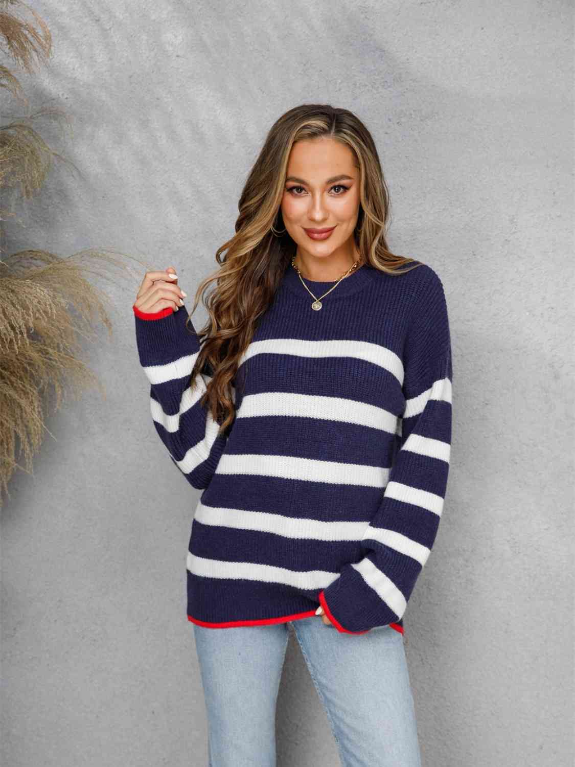 Striped Round Neck Dropped Shoulder Sweater BLUE ZONE PLANET