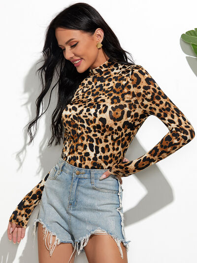 Blue Zone Planet | Leopard Mock Neck Long Sleeve T-Shirt BLUE ZONE PLANET