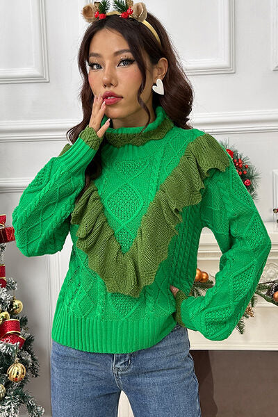 Blue Zone Planet | Cable-Knit Ruffled Mock Neck Lantern Sleeve Sweater BLUE ZONE PLANET