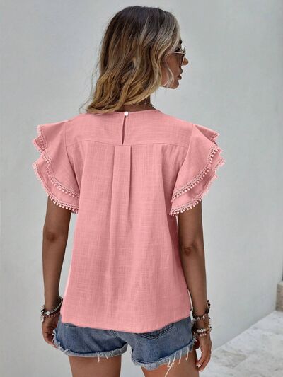 Blue Zone Planet | Ruffled Cap Sleeve Round Neck Blouse BLUE ZONE PLANET