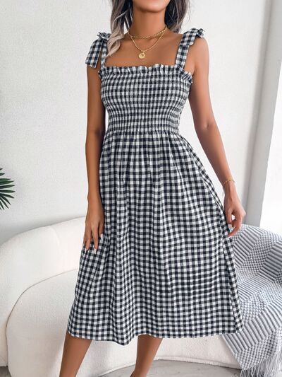 Frill Plaid Square Neck Midi Dress BLUE ZONE PLANET