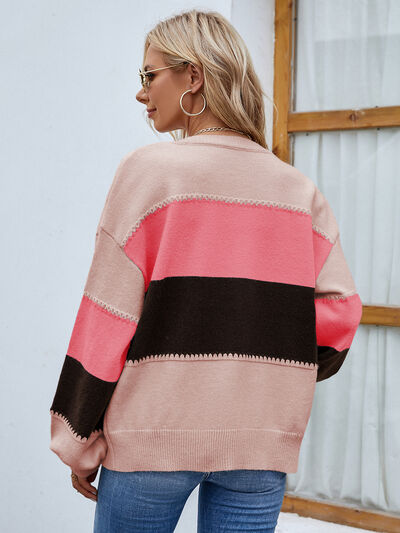 Blue Zone Planet | Color Block Button Up Lantern Sleeve Cardigan BLUE ZONE PLANET