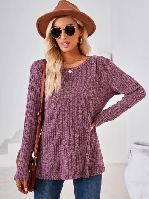 Ribbed Buttoned Round Neck Slit T-Shirt BLUE ZONE PLANET