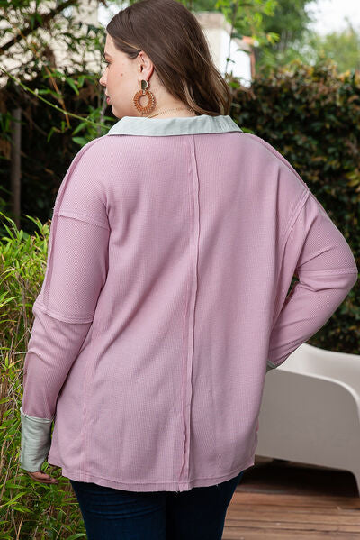 Plus Size Exposed Seam Johnny Collar Long Sleeve T-Shirt BLUE ZONE PLANET
