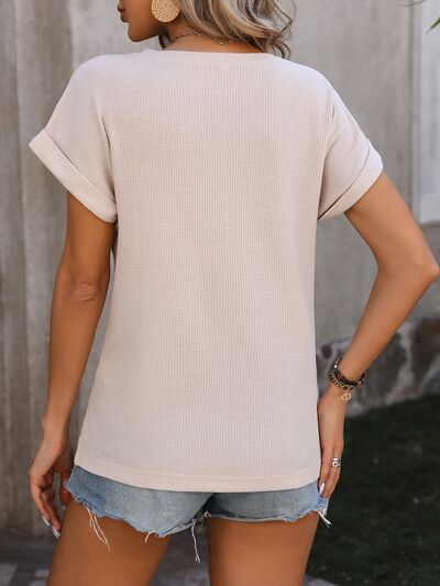 Cable-Knit Round Neck Short Sleeve T-Shirt BLUE ZONE PLANET