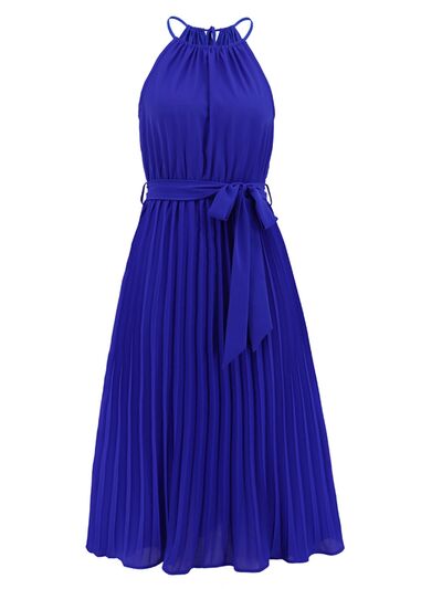 Blue Zone Planet | Pleated Spaghetti Strap Tie Waist Midi Dress BLUE ZONE PLANET