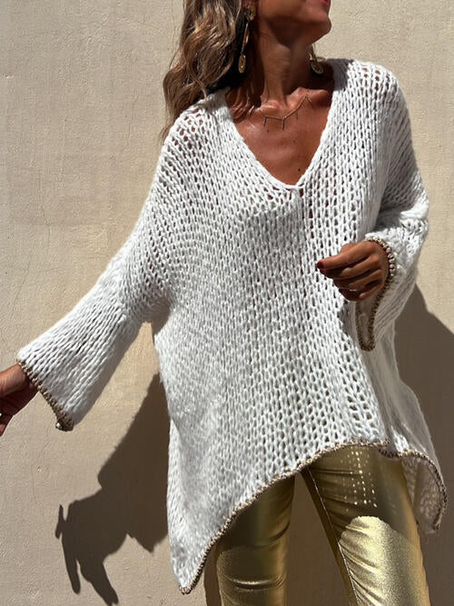 Contrast V-Neck Long Sleeve Sweater BLUE ZONE PLANET