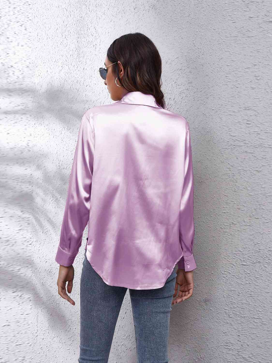 Collared Neck Buttoned Long Sleeve Shirt BLUE ZONE PLANET