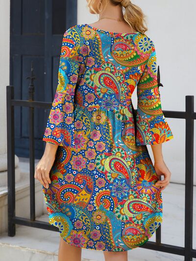Paisley Print Round Neck Three-Quarter Sleeve Dress BLUE ZONE PLANET