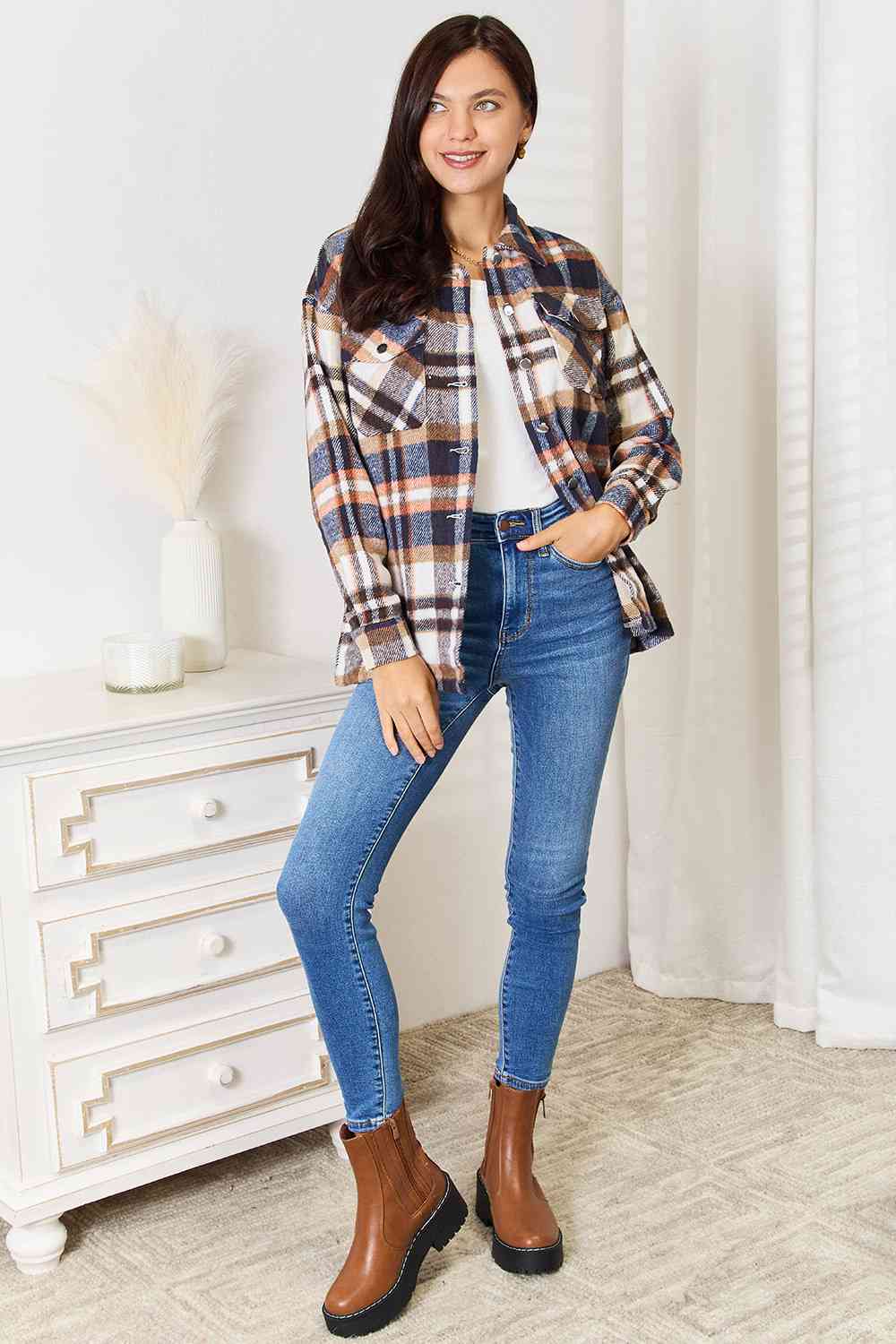 Blue Zone Planet | Double Take Plaid Button Front Shirt Jacket with Breast Pockets BLUE ZONE PLANET