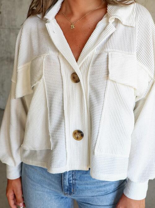 Ribbed Collared Neck Button Up Jacket BLUE ZONE PLANET
