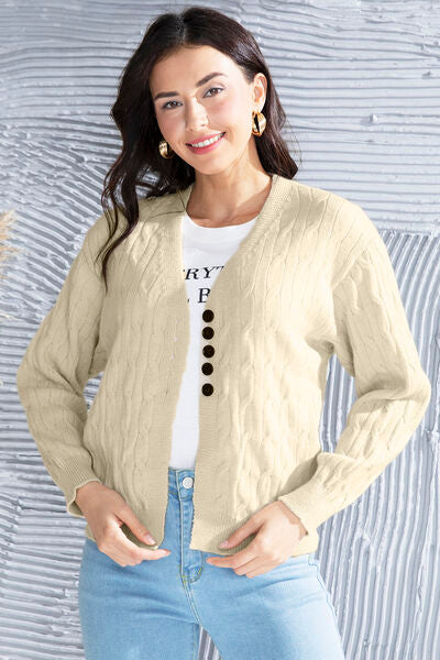 Blue Zone Planet | Cable-Knit Button Up Dropped Shoulder Cardigan BLUE ZONE PLANET