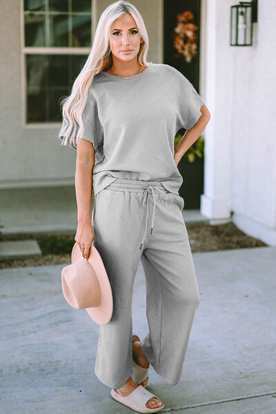 Double Take Full Size Texture Short Sleeve Top and Pants Set BLUE ZONE PLANET