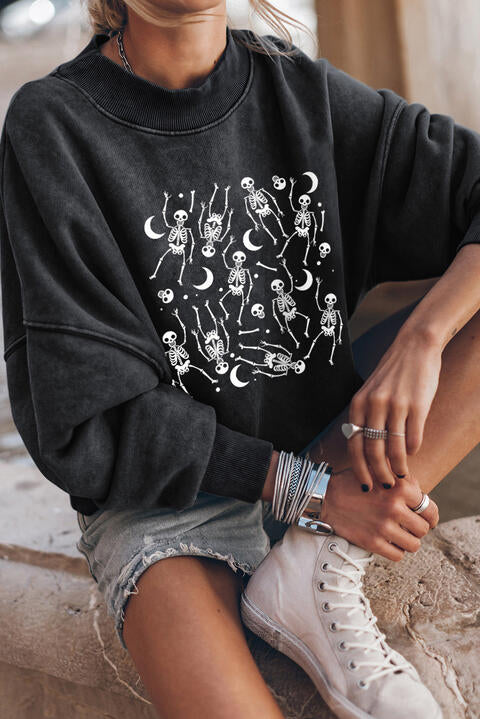 Skeleton Graphic Round Neck Long Sleeve Sweatshirt BLUE ZONE PLANET