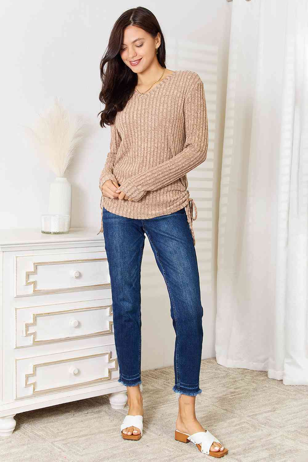 Double Take Drawstring Ribbed Long Sleeve T-Shirt BLUE ZONE PLANET