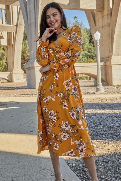 Double Take Full Size Floral Tie Back Flounce Sleeve Dress BLUE ZONE PLANET