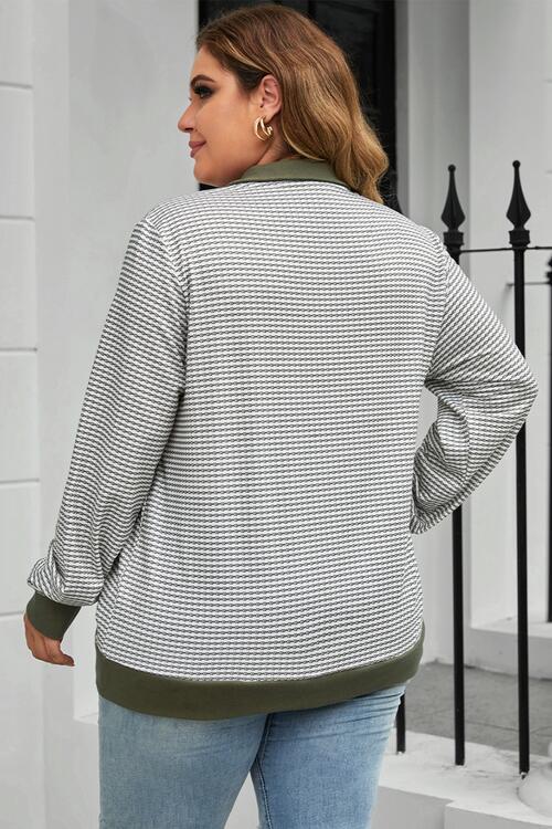Plus Size Striped Half Snap Long Sleeve Blouse BLUE ZONE PLANET