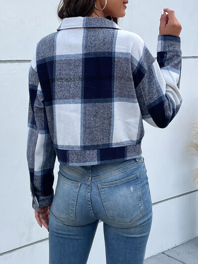 Blue Zone Planet | Plaid Button Up Drop Shoulder Cropped Jacket BLUE ZONE PLANET