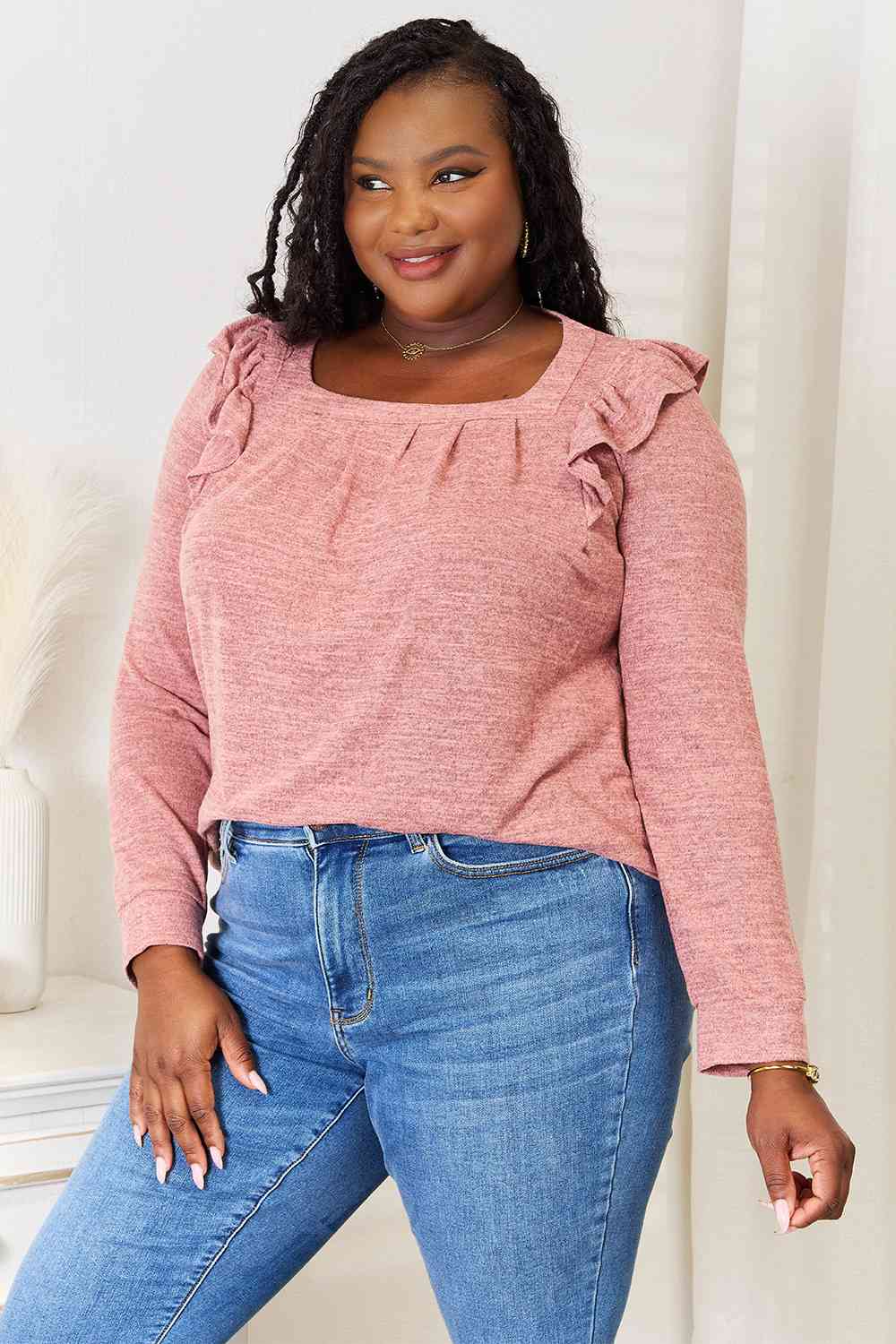 Double Take Square Neck Ruffle Shoulder Long Sleeve T-Shirt BLUE ZONE PLANET
