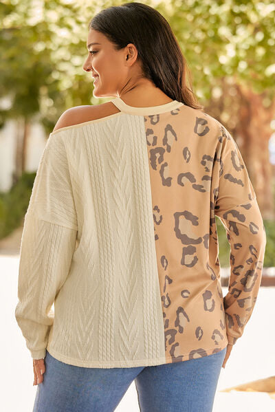 Plus Size Leopard Color Block Long Sleeve T-Shirt BLUE ZONE PLANET