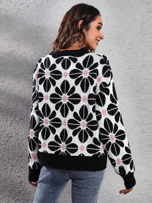 Floral Round Neck Long Sleeve Sweater BLUE ZONE PLANET