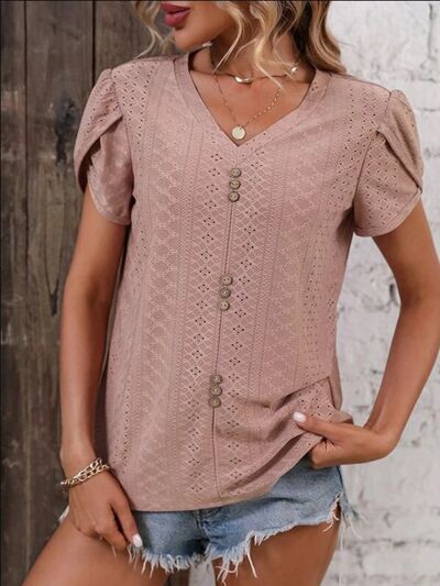 Blue Zone Planet | Eyelet V-Neck Petal Sleeve T-Shirt BLUE ZONE PLANET