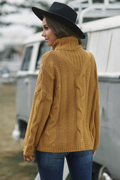 Blue Zone Planet | Cable-Knit Turtleneck Dropped Shoulder Sweater BLUE ZONE PLANET