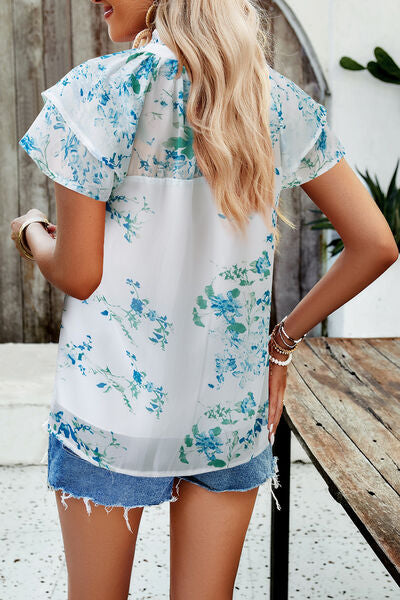 Printed Ruffled Mock Neck Blouse Trendsi