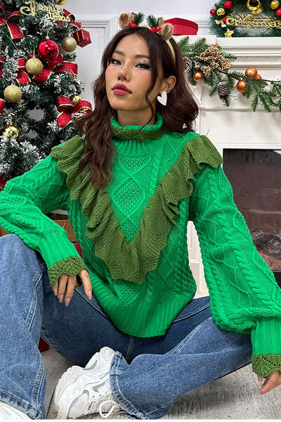 Blue Zone Planet | Cable-Knit Ruffled Mock Neck Lantern Sleeve Sweater BLUE ZONE PLANET