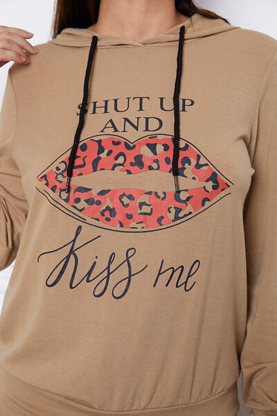 Blue Zone Planet |  SHUT UP AND KISS ME Lip Graphic Hooded Top and Drawstring Pants Set BLUE ZONE PLANET