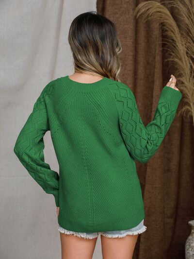 Openwork Round Neck Raglan Sleeve Sweater BLUE ZONE PLANET